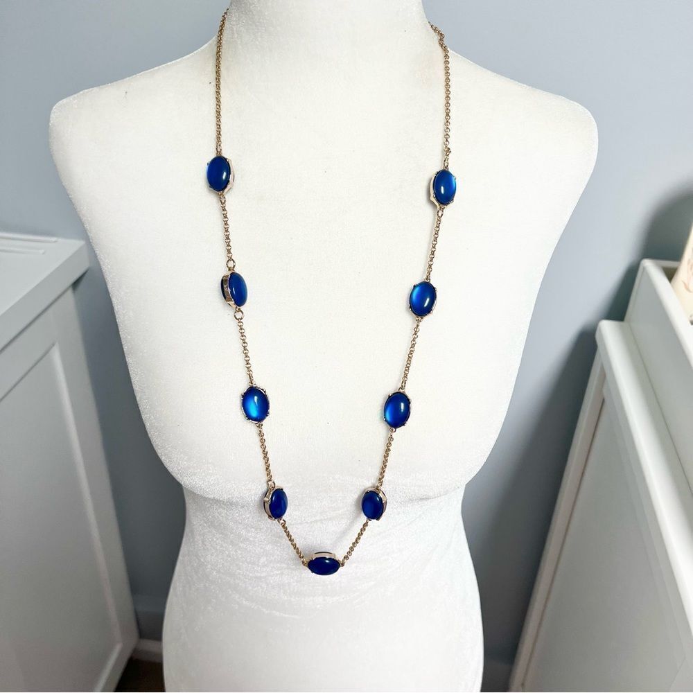 New Ballet Vibrant Peacock Blue Long Gold Station Elegant Statement Necklace